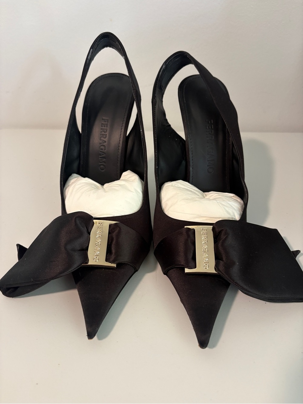 Salvatore Ferragamo Black Satin Pointed Slingback Pumps with Signature Bow